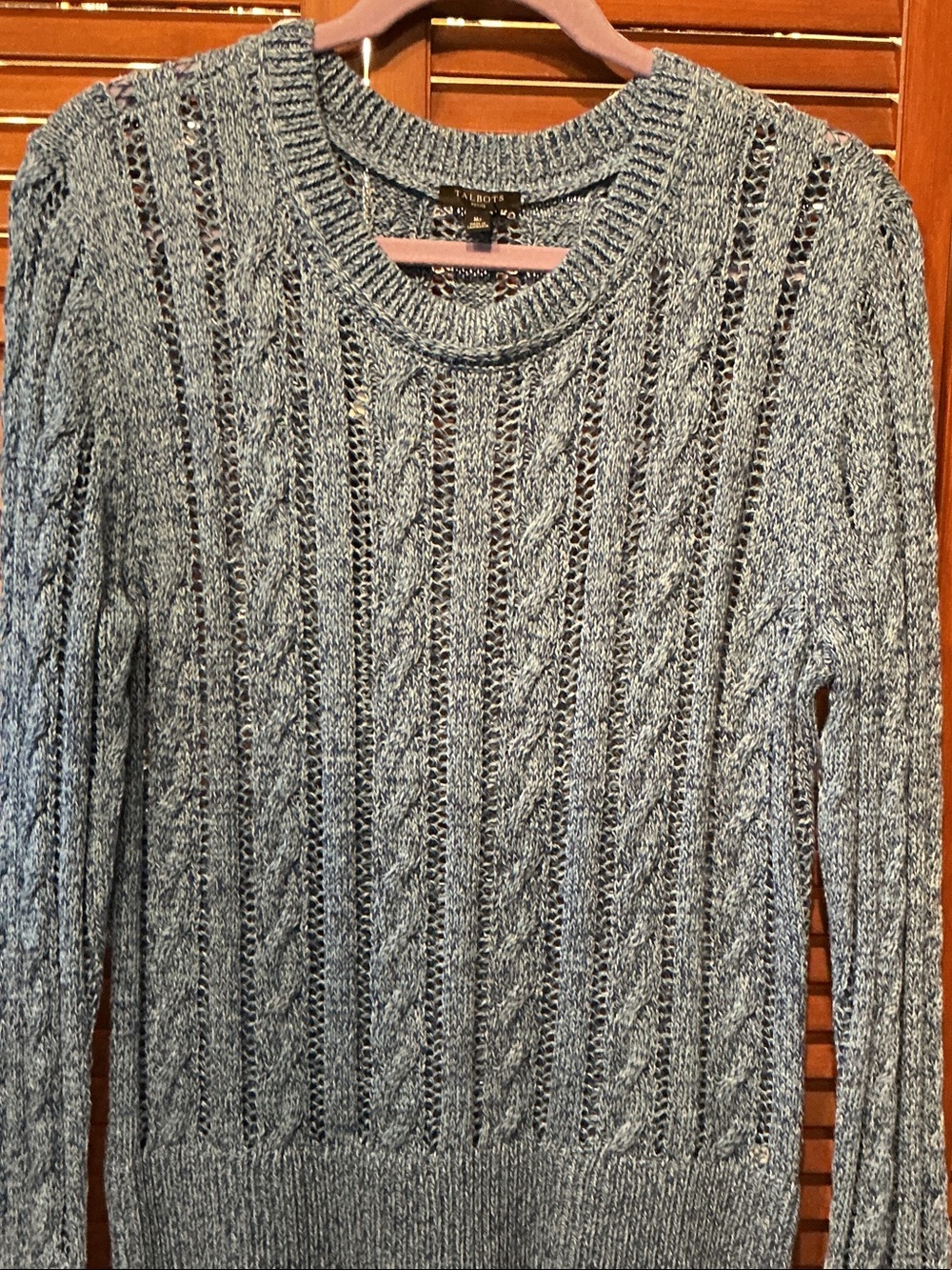 Talbots Heathered Blue Open Cable Crewneck Sweater